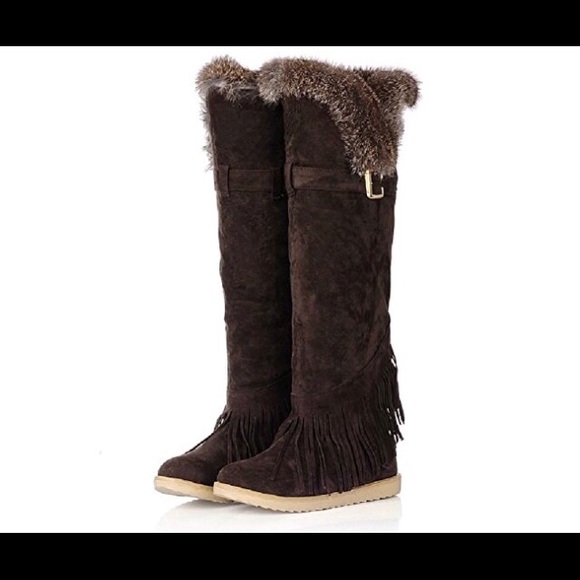 2pr over knee fur fringe boho moccasin boots 5 1/2 - Picture 2 of 6